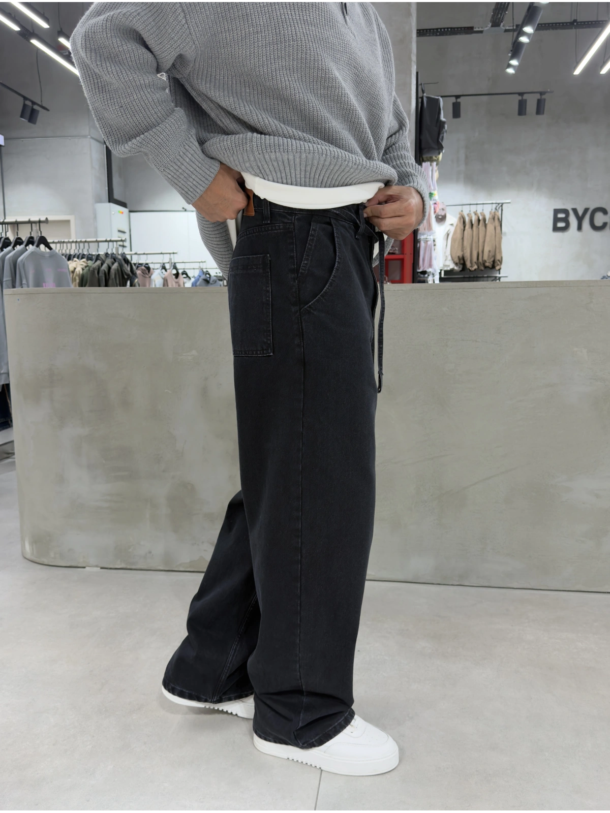 Siyah Eskitme İpli Baggy Jean