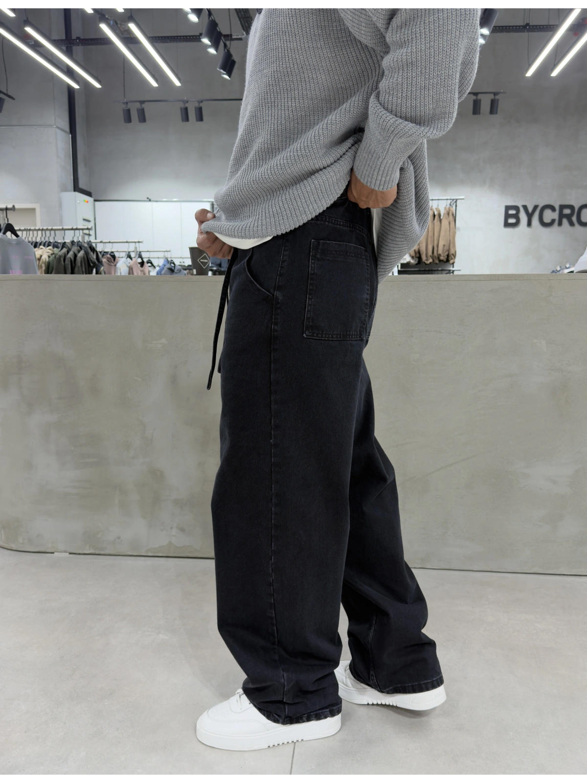 Siyah Eskitme İpli Baggy Jean