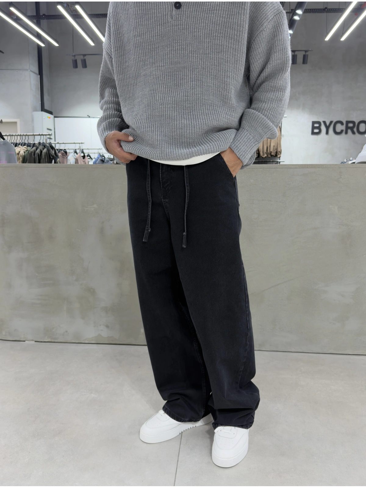 Siyah Eskitme İpli Baggy Jean
