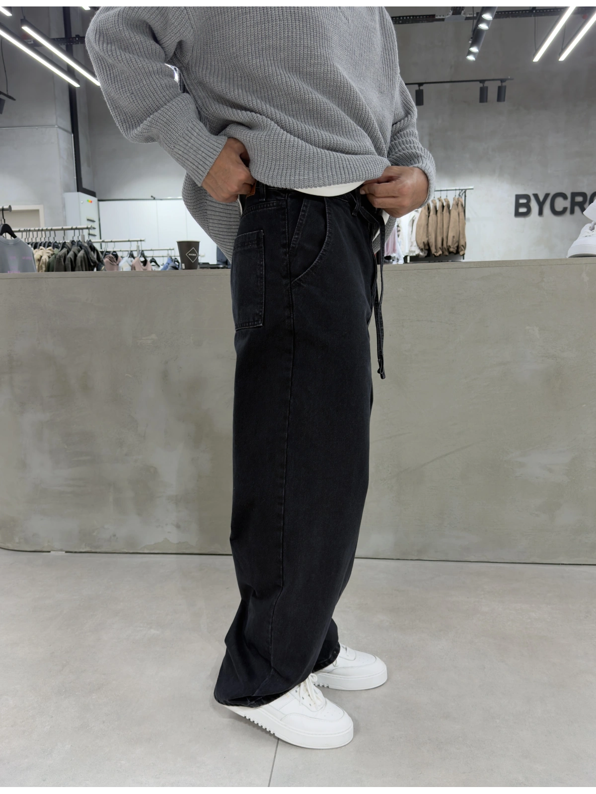 Siyah Eskitme İpli Baggy Jean