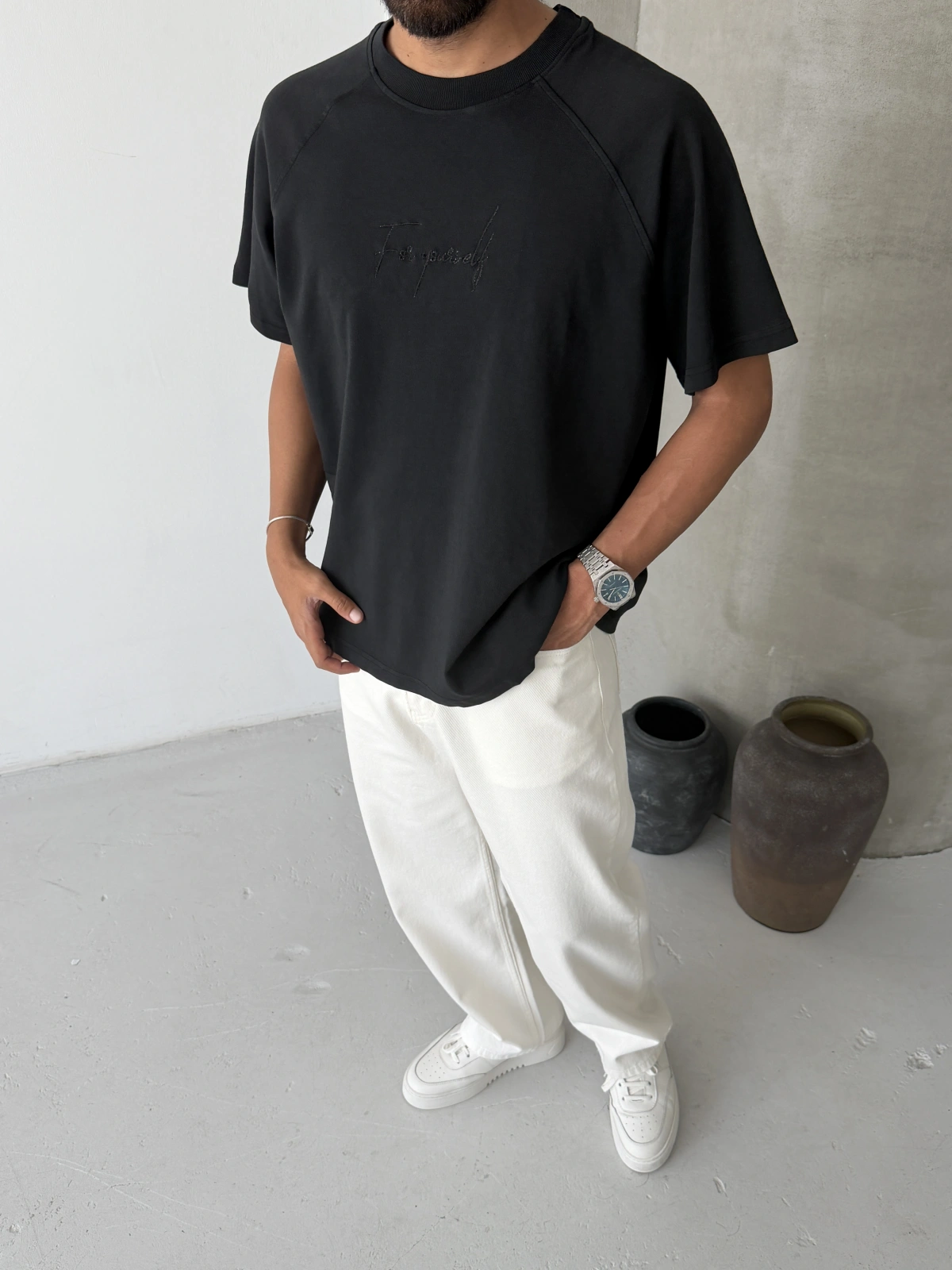 Siyah Yourself Baskılı Oversize T-shirt