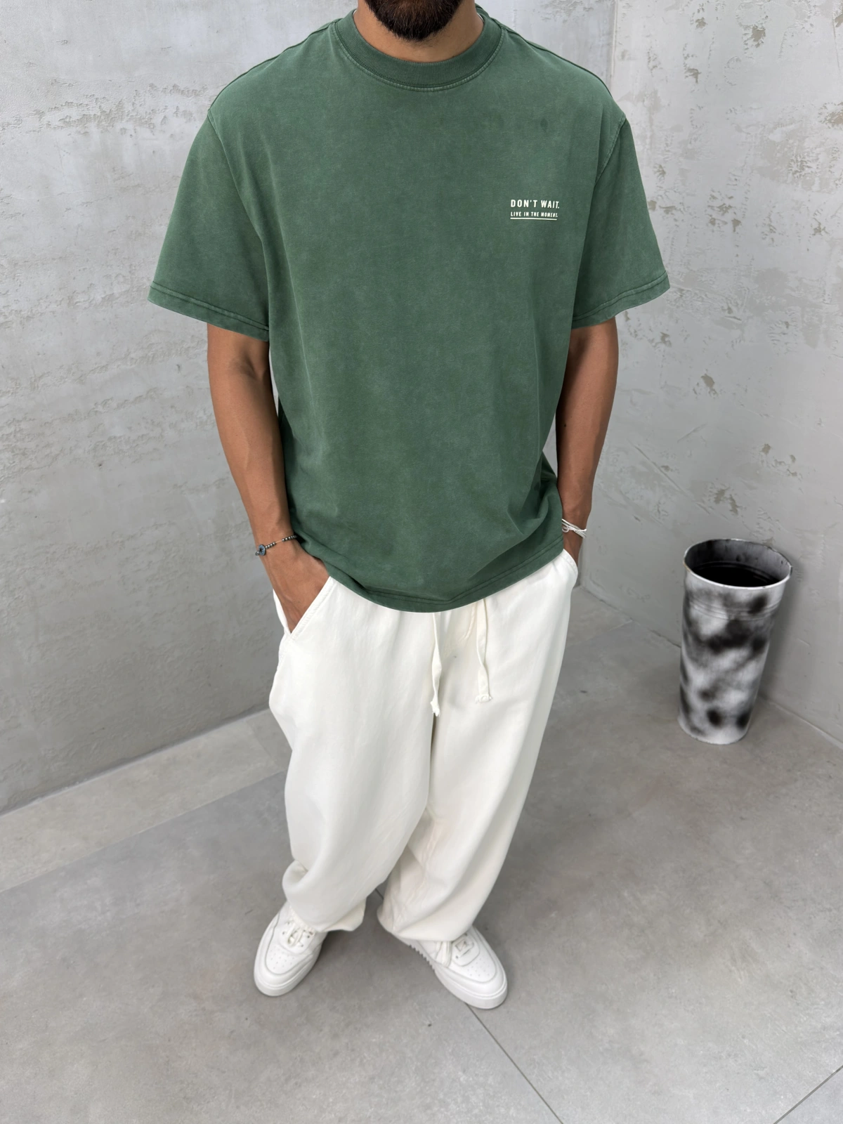 Yeşil Yıkamalı Wait Baskılı Oversize T-Shirt