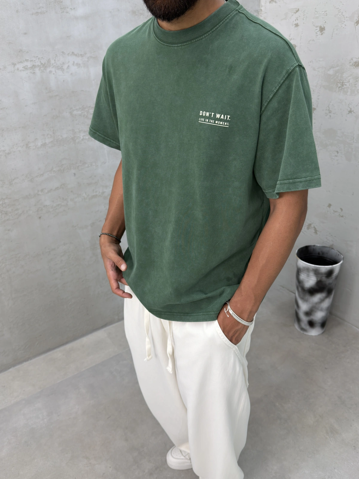 Yeşil Yıkamalı Wait Baskılı Oversize T-Shirt