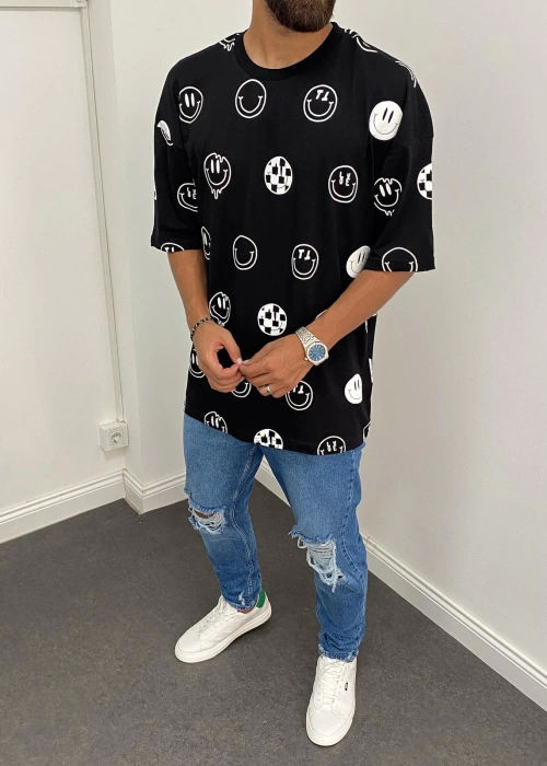 Siyah Oversize Baskı Detaylı T-Shirt