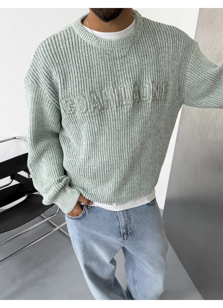 Yeşil Baskı Detay Örme Oversize Triko Kazak