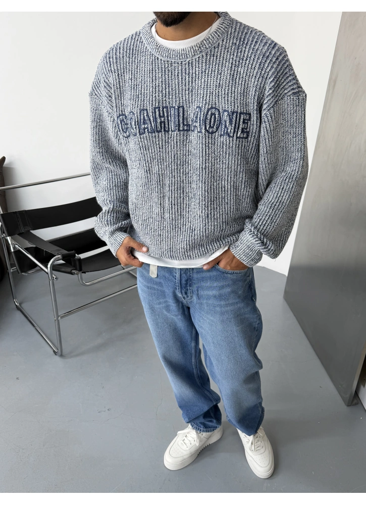 Mavi Baskı Detay Örme Oversize Triko Kazak