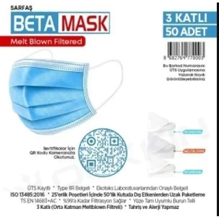 Beta Mask Ultra Kaliteli Lüks 3 Katlı 50 li Mavi Maske