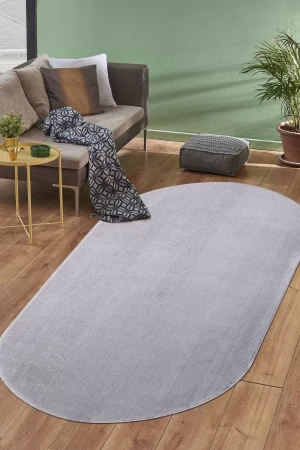 Açık Gri Mürdüm Oval Post Dokuma Halı Peluş Tavşan Tüyü Hissi Antibakteriyel