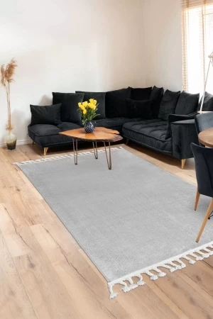 Açık Gri Post Dokuma Halı Saçaklı Peluş Yumuşacık Kaymaz Antibakteriyel