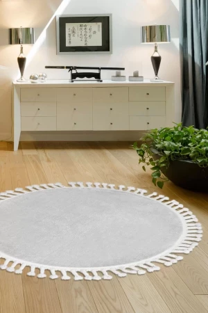 Açık Gri Yuvarlak Post Dokuma Halı Püslüllü Peluş Halı Antibakteriyel