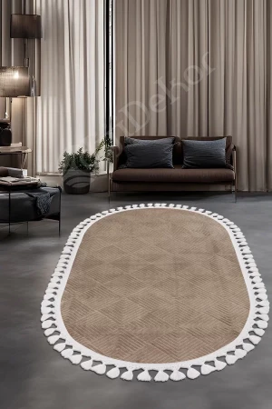 Avangard Oval Halı Pramit Kahve Salon Koridor Antre Mutfak Halısı Silinebilir Ponpon Saçak