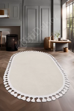 Avangard Oval Halı Pramit Krem Salon Koridor Antre Mutfak Halısı Silinebilir Ponpon Saçak