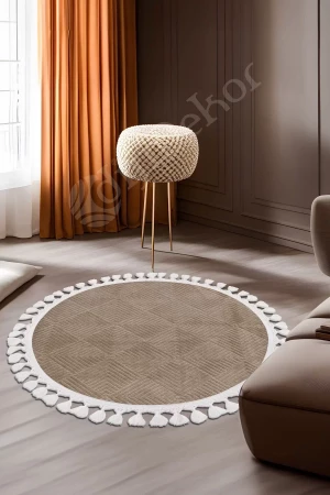 Avangard Yuvarlak Halı Pramit Kahve Salon Koridor Antre Mutfak Halısı Saçaklı