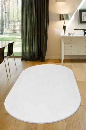 Beyaz Oval Post Dokuma Halı Peluş Yumuşacık Kaymaz Antibakteriyel