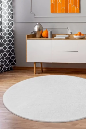 Beyaz Yuvarlak Post Dokuma Halı Peluş Yumuşacık Kaymaz Antibakteriyel