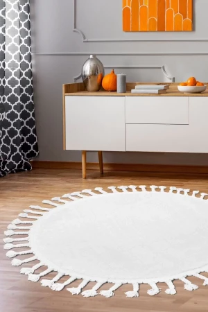 Beyaz Yuvarlak Post Dokuma Halı Saçaklı Peluş Halı Antibakteriyel