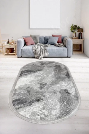 Delüxe Antrasit Saçaklı Oval Halı Yeni Kabartmalı Model Salon Halısı