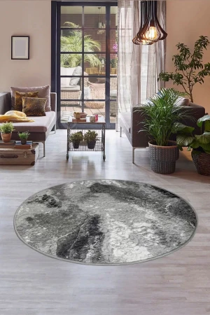 Delüxe Antrasit Saçaksız Yuvarlak Halı Yeni Kabartmalı Model Salon Halısı