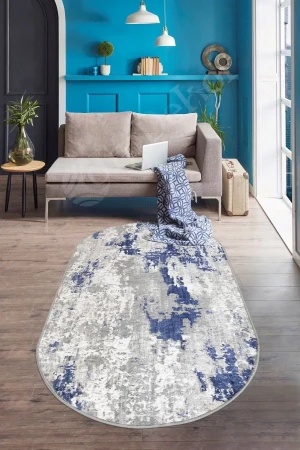 Delüxe Halı Lacivert Gri Saçaksız Siyah Taban Oval Halı Yeni Kabartmalı Model Halısı