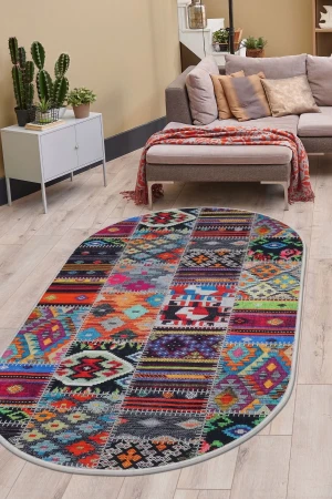 Dijidekor Halı Çok Renkli 9010 Yıkanabilir Oval Kesme İnce Yolluk Kilim Salon Halısı Modelleri
