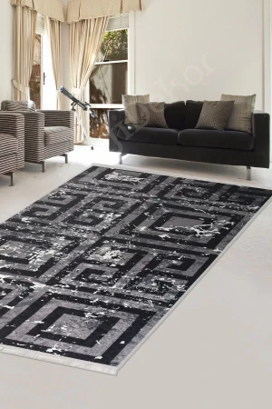 Dijidekor Halı Siyah Cool K1320 Yıkanabilir Saçaklı Kesme İnce Yolluk Kilim Salon Halısı Modelleri