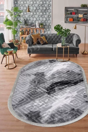 Halı Antrasit Cool Karo Saçaklı Oval Kesme Ince Yolluk Kilim Salon Halısı Modelleri