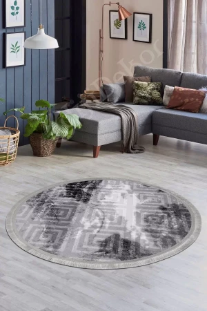 Halı Antrasit Cool Karo Saçaklı Yuvarlak Kesme Ince Yolluk Kilim Salon Halısı Modelleri