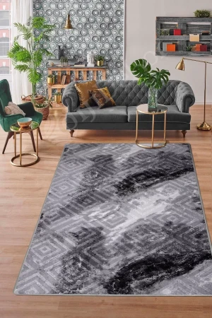 Halı Antrasit Cool Karo Yıkanabilir Kesme Ince Yolluk Kilim Salon Halısı Modelleri
