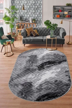 Halı Antrasit Cool Karo Yıkanabilir Oval Kesme Ince Yolluk Kilim Salon Halısı Modelleri
