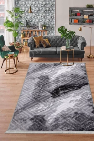 Halı Antrasit Cool Karo Yıkanabilir Saçaklı Kesme Ince Yolluk Kilim Salon Halısı Modeli