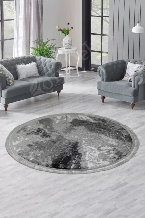 Halı Antrasit Cool Yıkanabilir Saçaklı Yuvarlak Delüxe Yolluk Kilim Salon Halısı Modeli