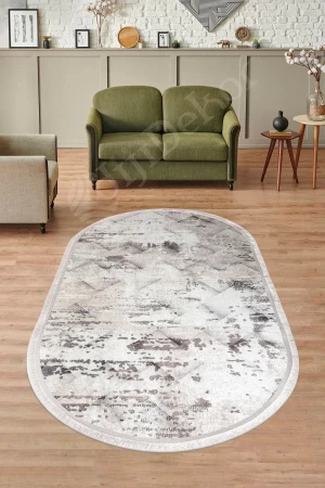Halı Bej Cool K1280 Yıkanabilir Saçaklı Oval Kesme Ince Yolluk Kilim Salon Halısı Modeli