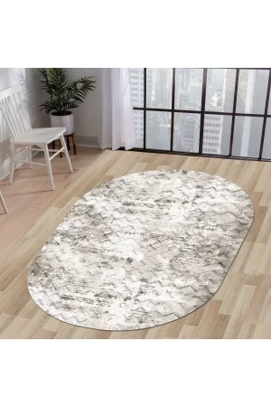 Halı Bej Cool K1280 Yıkanabilir Saçaksız Oval Kesme Ince Yolluk Kilim Salon Halısı Modeli