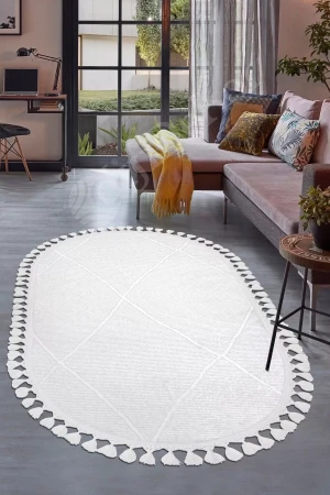 Halı Beyaz Cool Bohem Desenlidesenli Yıkanabilir Saçaklı Oval Yolluk Salon Halısı