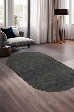 Halı Cool Antrasit Pramit Desenli Saçaksız Oval Kesme Yolluk Kilim Salon Halısı Modelleri