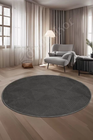 Halı Cool Antrasit Pramit Desenli Saçaksız Yuvarlak Yolluk Kilim Salon Halısı Modelleri