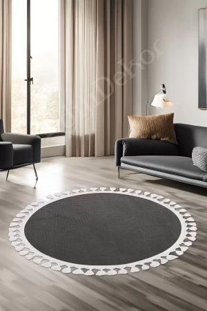 Halı Cool Antrasit Pramit Kaymaz Saçaklı Yuvarlak Kesme Yolluk Salon Halısı Modelleri