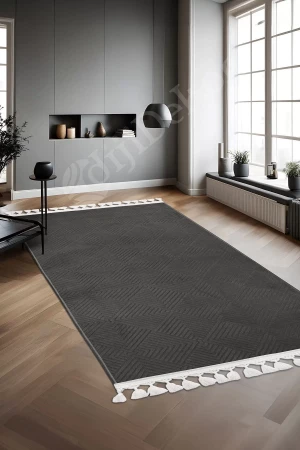 Halı Cool Antrasit Pramit Kaymaz Yıkanabilir Saçaklı Yolluk Kilim Salon Halısı Modelleri
