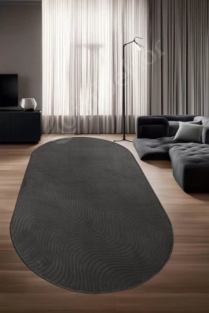 Halı Cool Antrasit Sahra Desenli Saçaksız Oval Kesme Yolluk Kilim Salon Halısı Modelleri