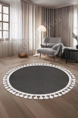 Halı Cool Antrasit Sahra Kaymaz Saçaklı Yuvarlak Kesme Yolluk Salon Halısı Modelleri