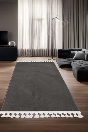 Halı Cool Antrasit Sahra Kaymaz Yıkanabilir Saçaklı Kare Yolluk Salon Halısı Modelleri