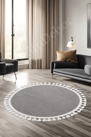 Halı Cool Gri Pramit Kaymaz Yıkanabilir Saçaklı Yuvarlak Yolluk Salon Halısı Modelleri