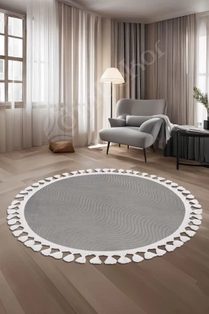 Halı Cool Gri Sahra Kaymaz Yıkanabilir Saçaklı Yuvarlak Yolluk Salon Halısı Modelleri
