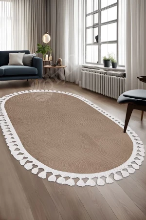 Halı Cool Kahverengi Sahra Desenli Saçaklı Oval Kesme Yolluk Kilim Salon Halısı Modelleri