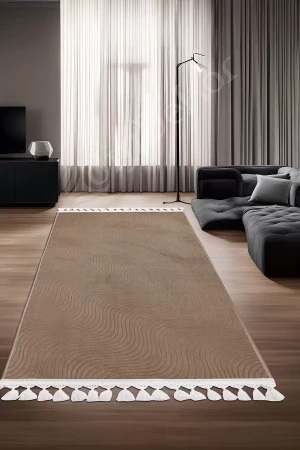 Halı Cool Kahverengi Sahra Kaymaz Yıkanabilir Saçaklı Yolluk Salon Halısı Modelleri
