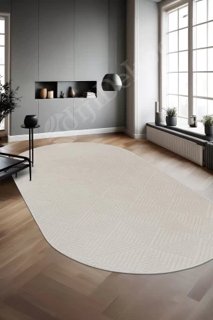 Halı Cool Krem Pramit Desenli Kaymaz Yıkanabilir Oval Yolluk Kilim Salon Halısı Modelleri