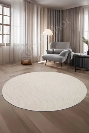 Halı Cool Krem Pramit Desenli Saçaksız Yuvarlak Kesme Yolluk Kilim Salon Halısı Modelleri