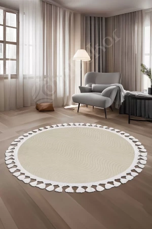 Halı Cool Krem Sahra Kaymaz Yıkanabilir Saçaklı Yuvarlak Yolluk Salon Halısı Modelleri