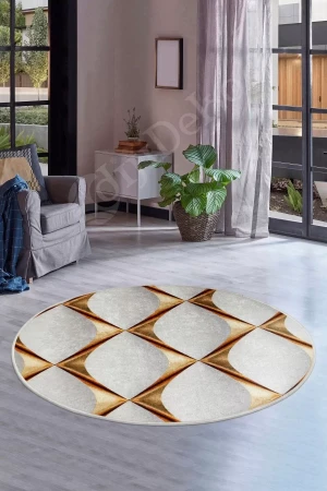 Halı Gold Cool Ky7059 Yıkanabilir Yuvarlak Kesme Ince Yolluk Kilim Salon Halısı Modelleri