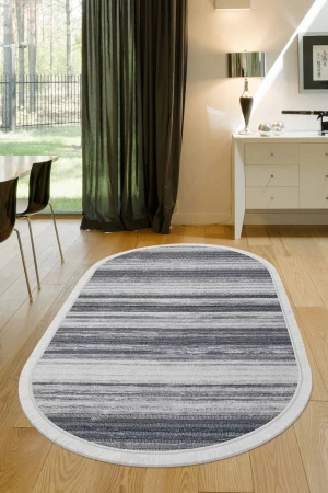 Halı Gri 9026 Cool Yıkanabilir Saçaklı Oval Kesme Ince Yolluk Kilim Salon Halısı Modeli